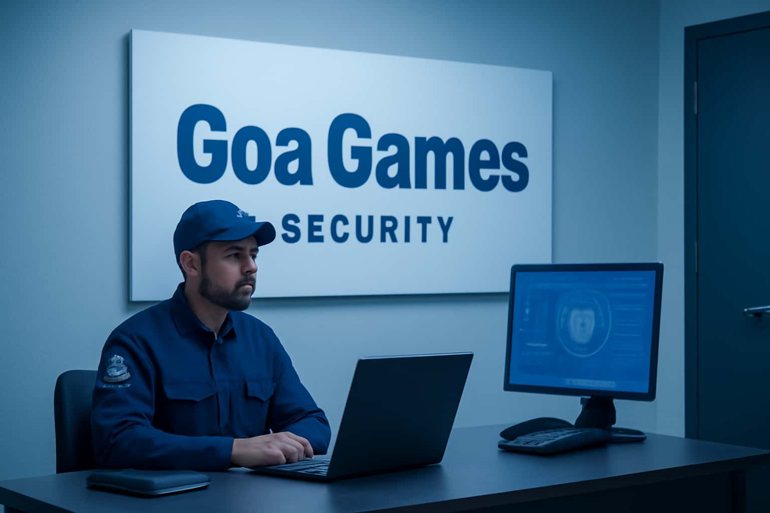 High-tech depiction of Goa Games Security protocols with prominent text.